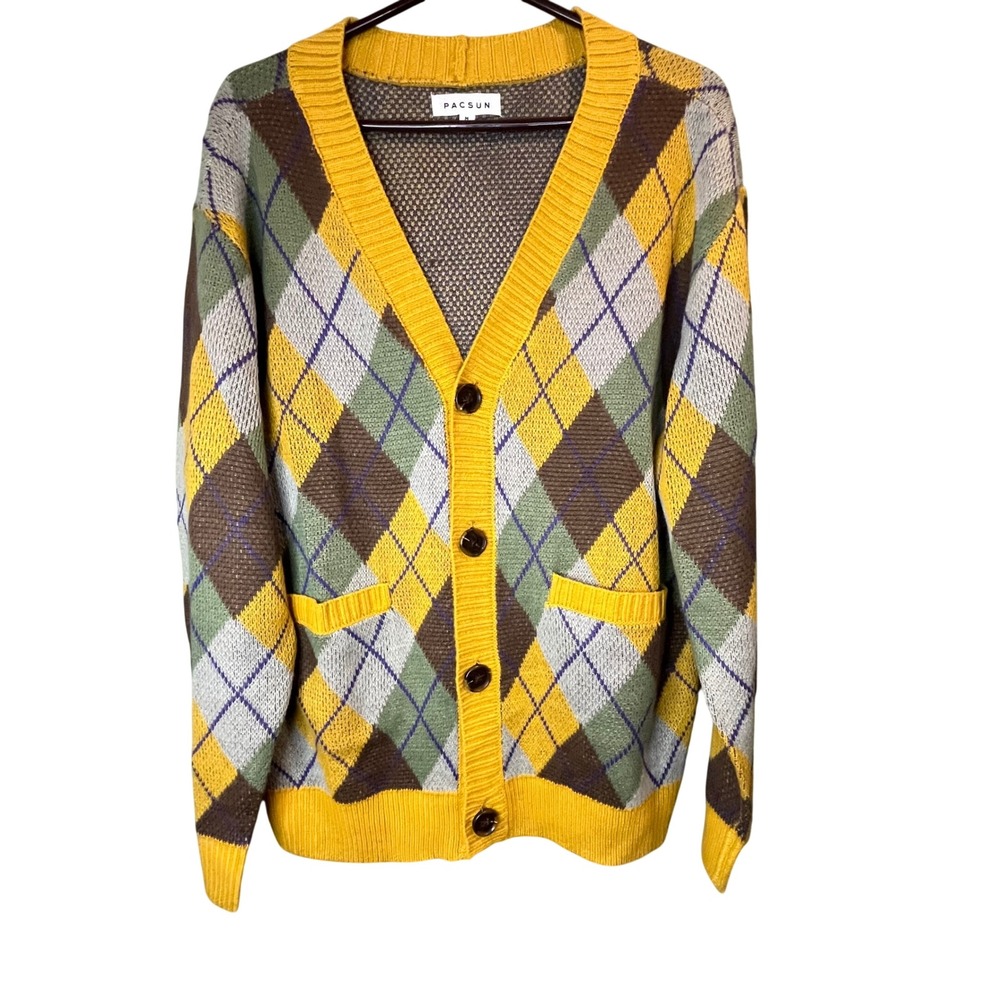 PacSun Mens Argyle Cardigan Yellow Green Brown V-Neck Button Front Size M